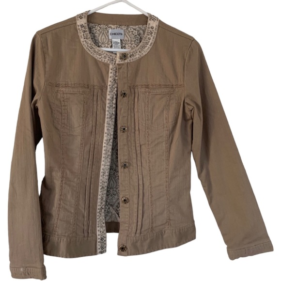 Chico’s cotton jacket tan embroidered beaded light weight - Picture 1 of 5